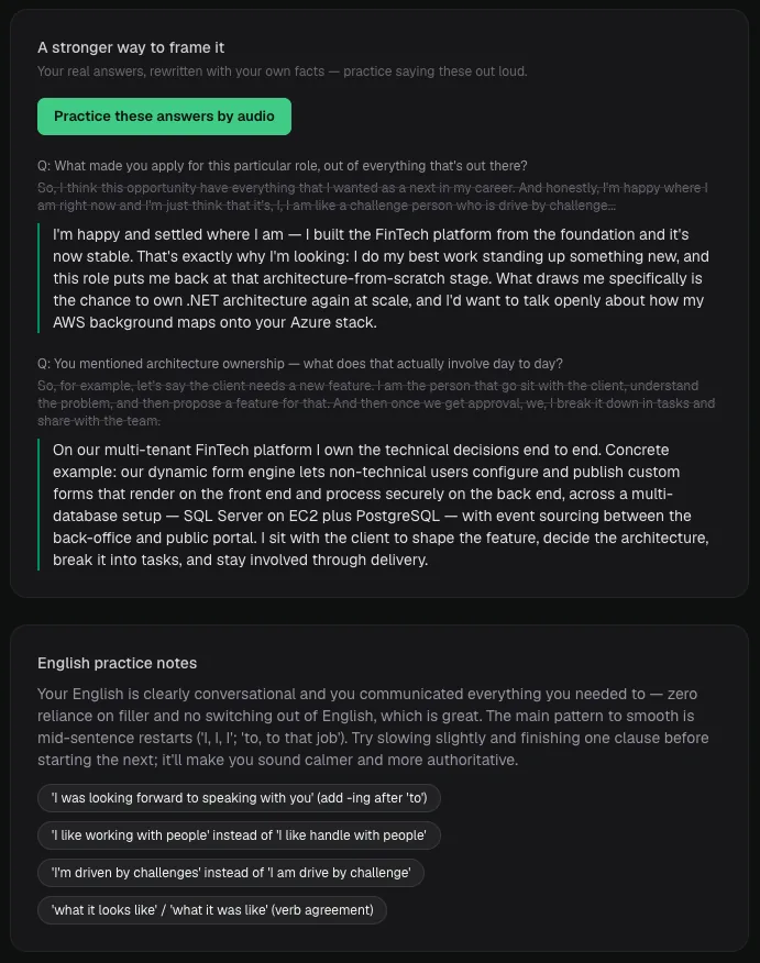 Tela 'A stronger way to frame it' do DevGringo: a resposta original do candidato aparece riscada e, abaixo, a versão reescrita; em seguida, notas de prática de inglês com correções pontuais.